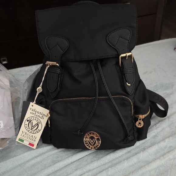 Valentino Orlandi Black Vinyl And Vegan Leather Backpack with Gold Accents